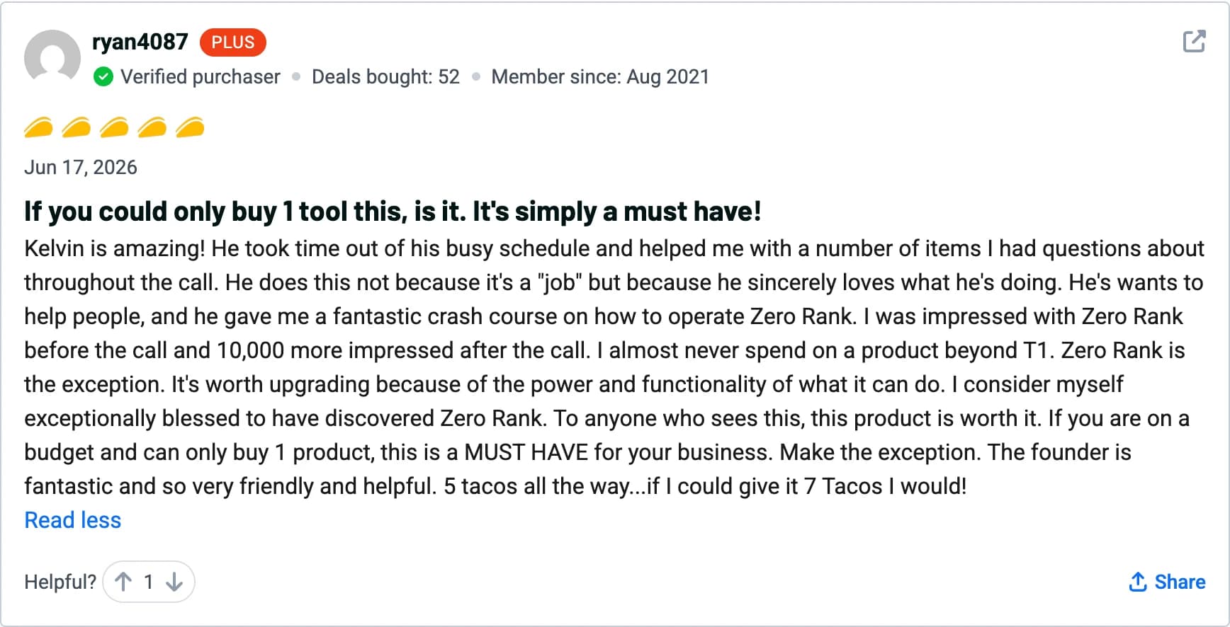 ryan4087 — 5-star ZeroRank AI review on AppSumo: If you could only buy 1 tool this is it