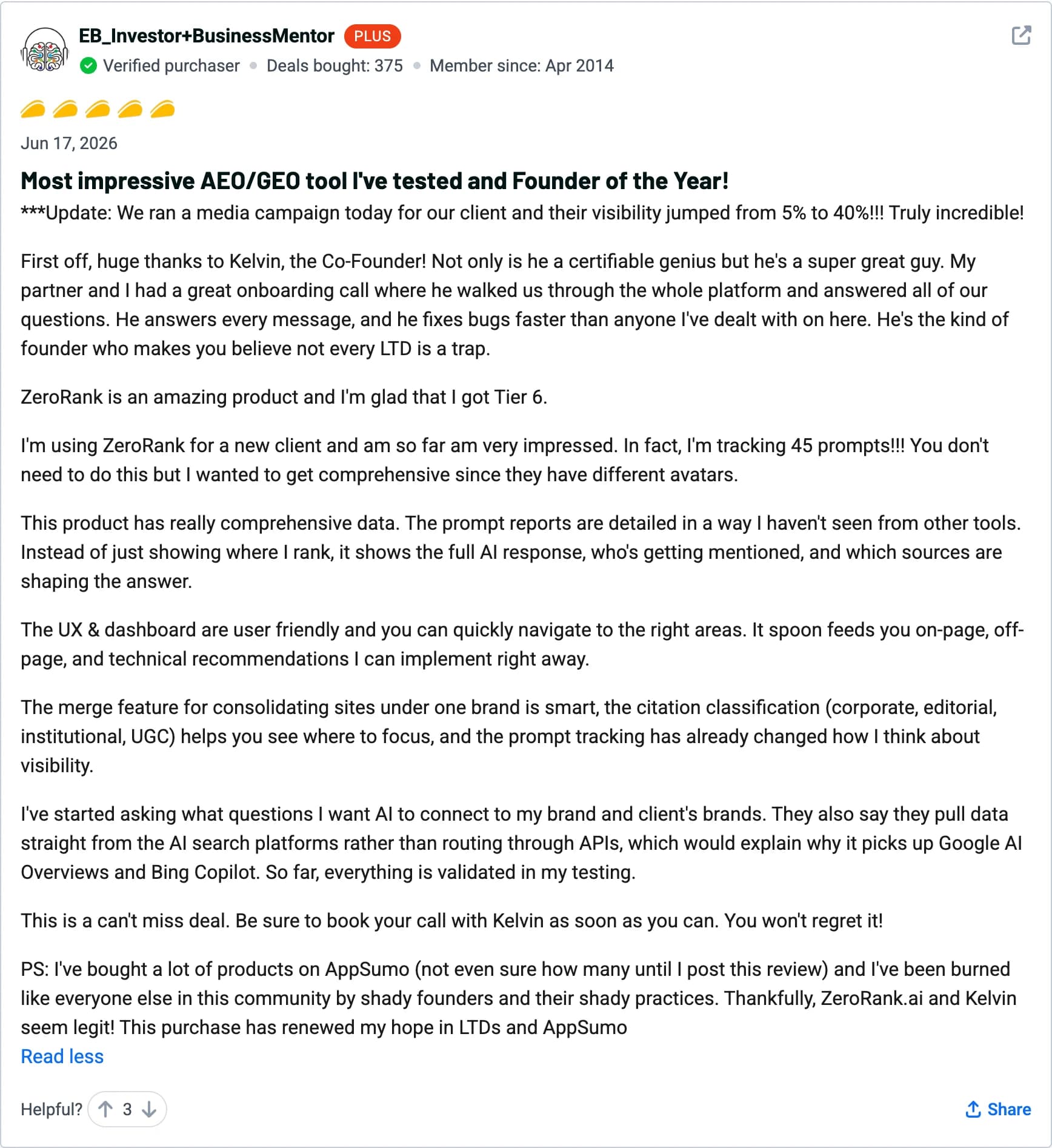 EB_Investor+BusinessMentor — 5-star ZeroRank AI review on AppSumo: Most impressive AEO/GEO tool I've tested
