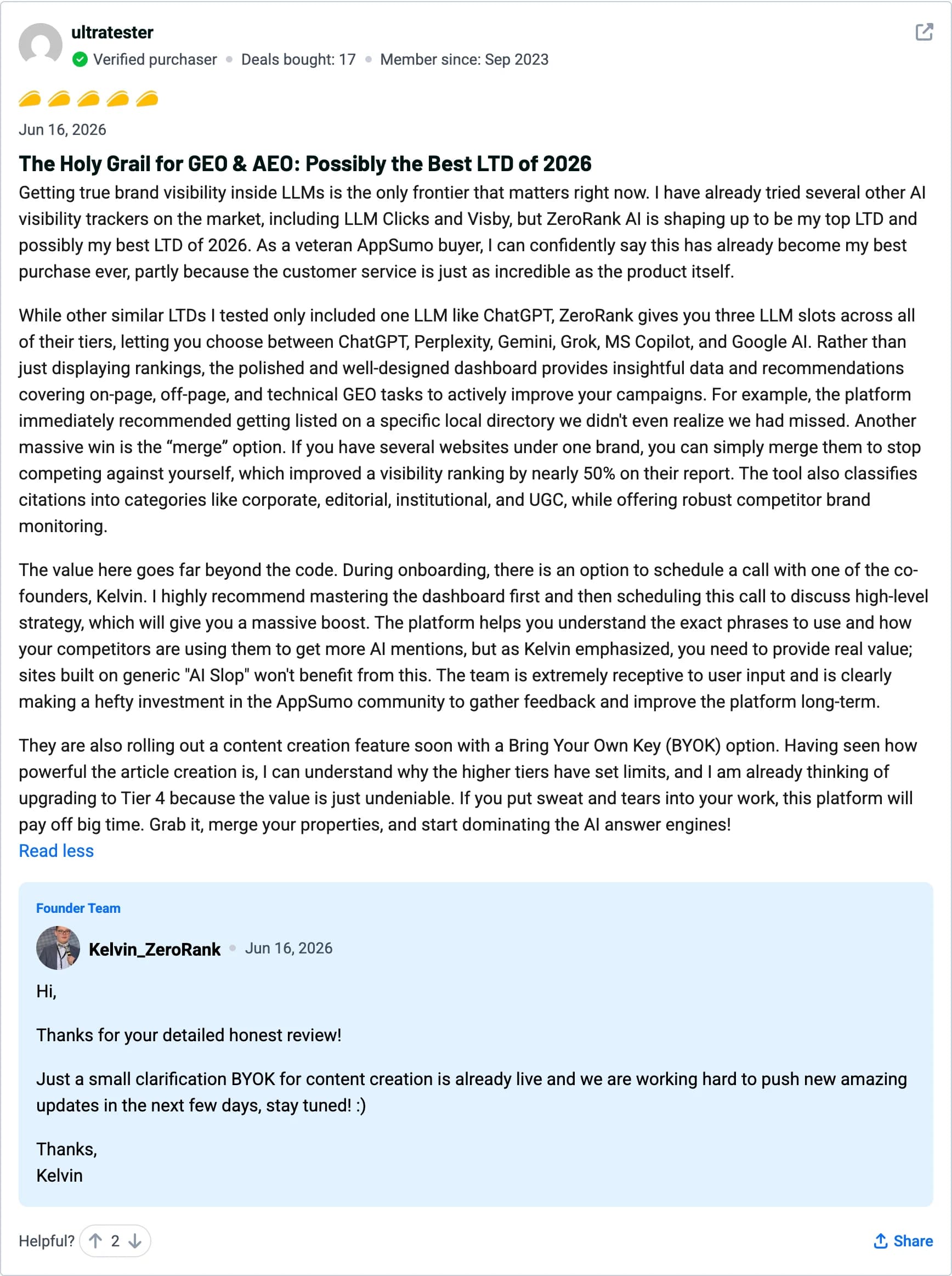 ultratester — 5-star ZeroRank AI review on AppSumo: The Holy Grail for GEO & AEO