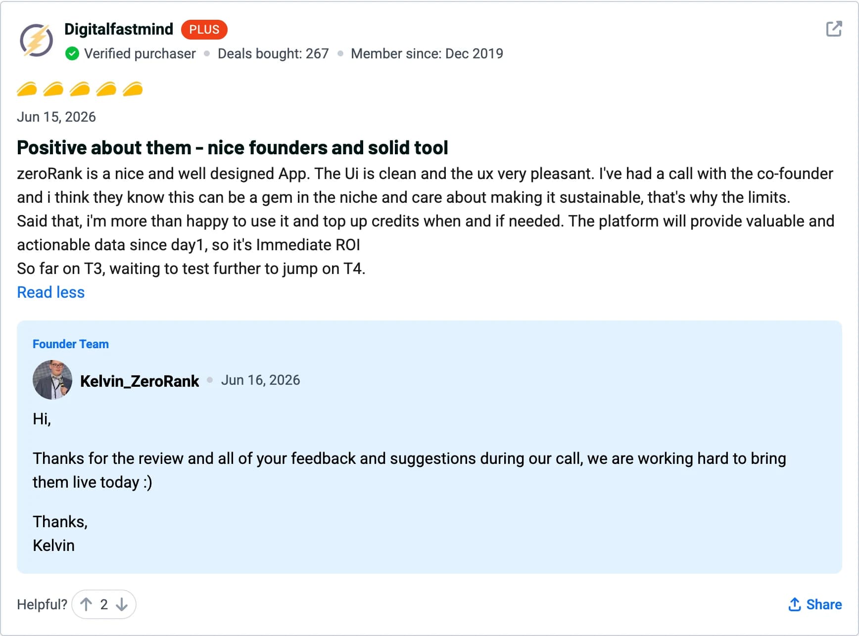Digitalfastmind — 5-star ZeroRank AI review on AppSumo: Positive about them — nice founders and solid tool