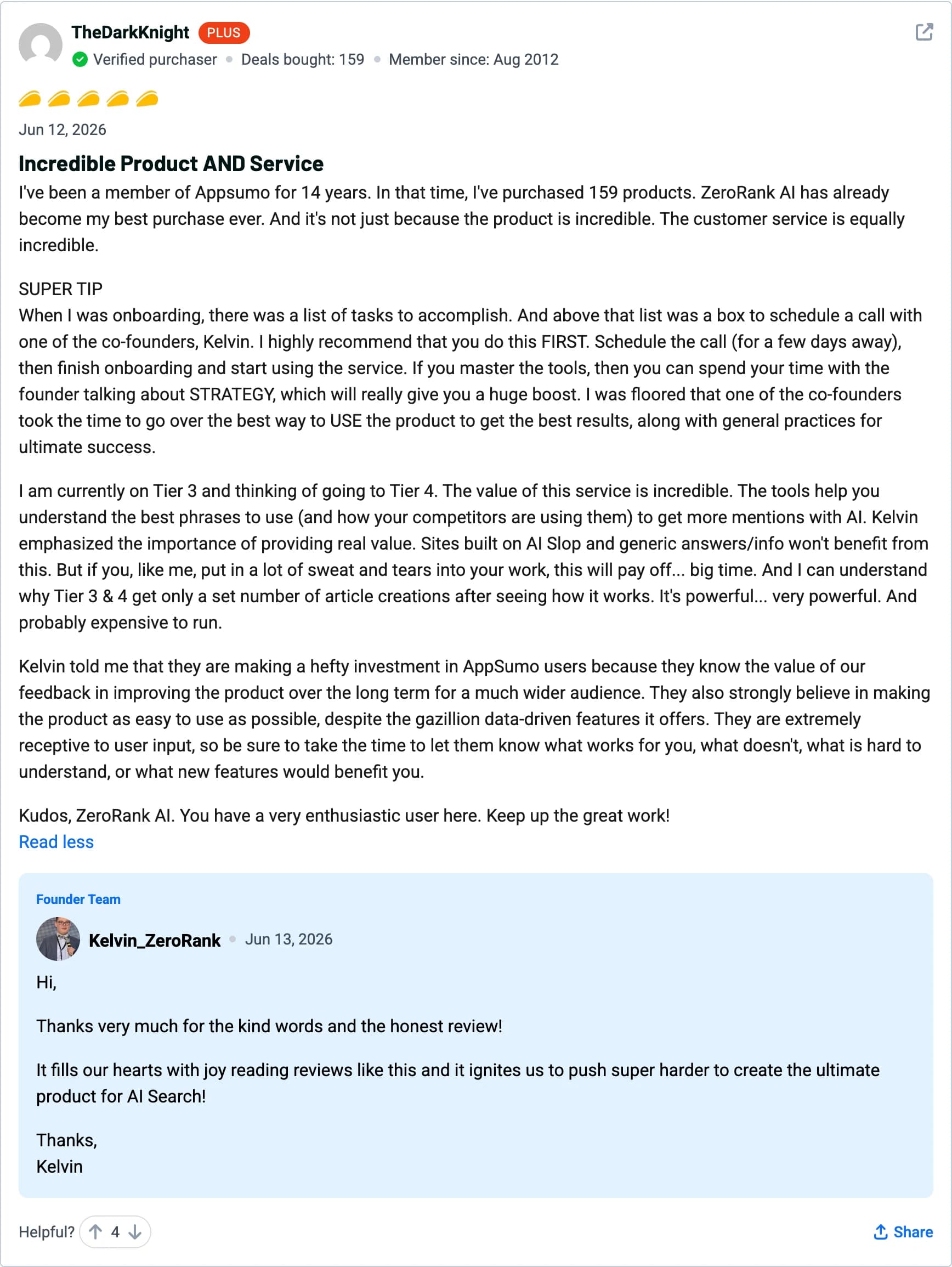 TheDarkKnight — 5-star ZeroRank AI review on AppSumo: Incredible product and service
