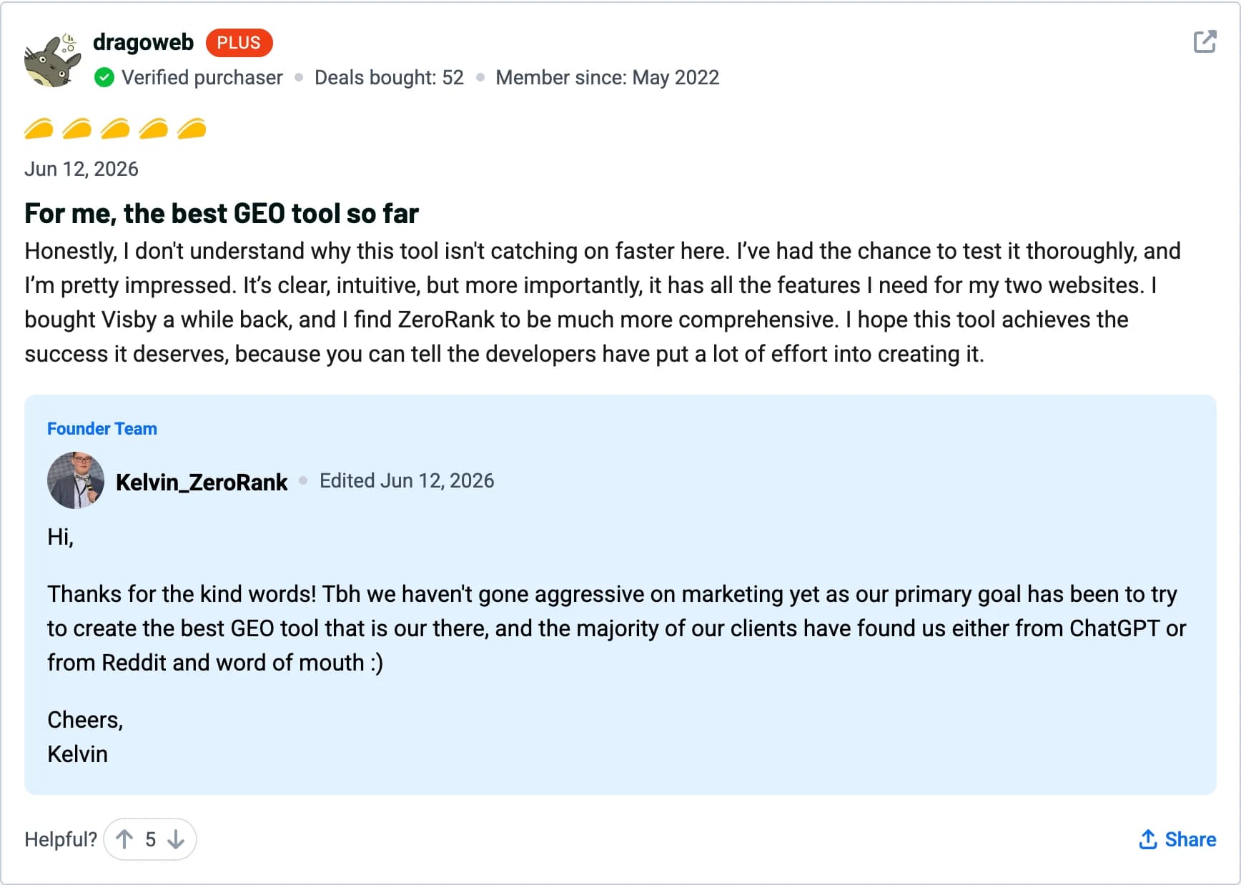 dragoweb — 5-star ZeroRank AI review on AppSumo: For me, the best GEO tool so far