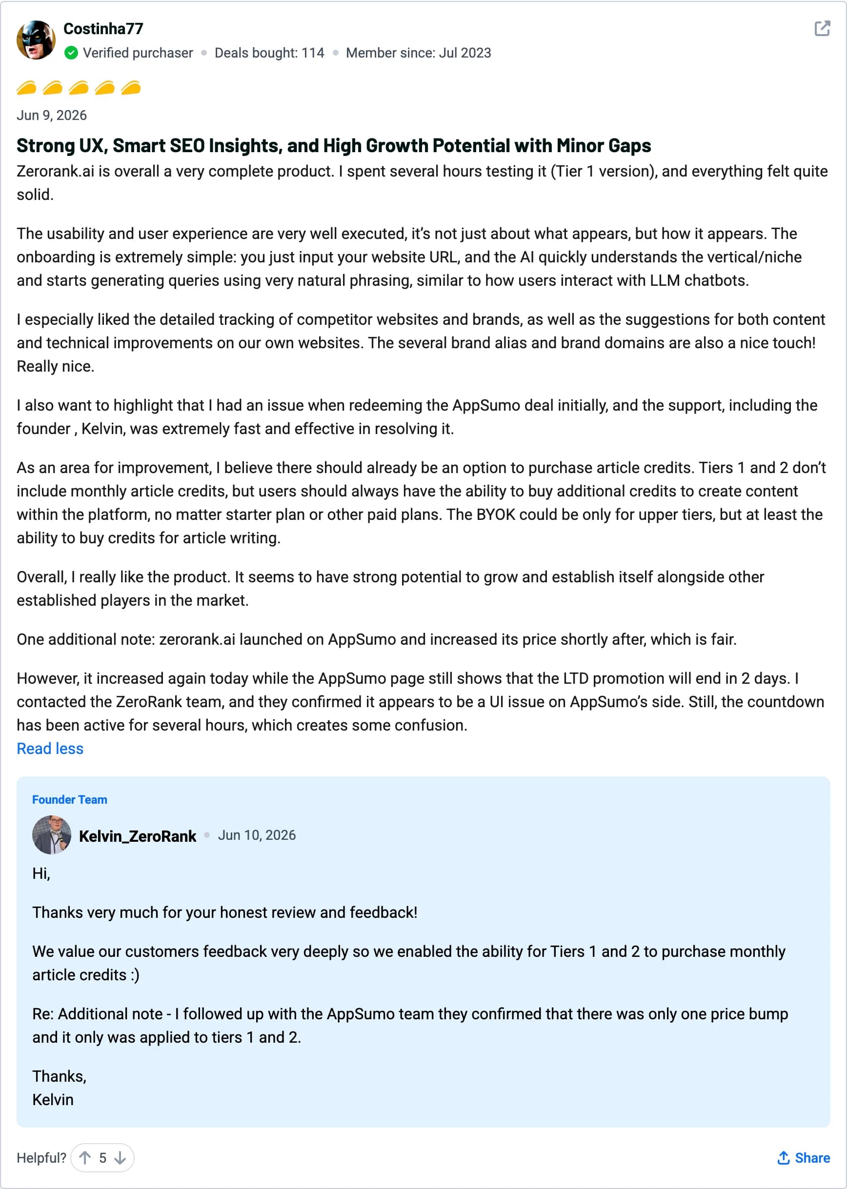 Costinha77 — 5-star ZeroRank AI review on AppSumo: Strong UX, smart SEO insights