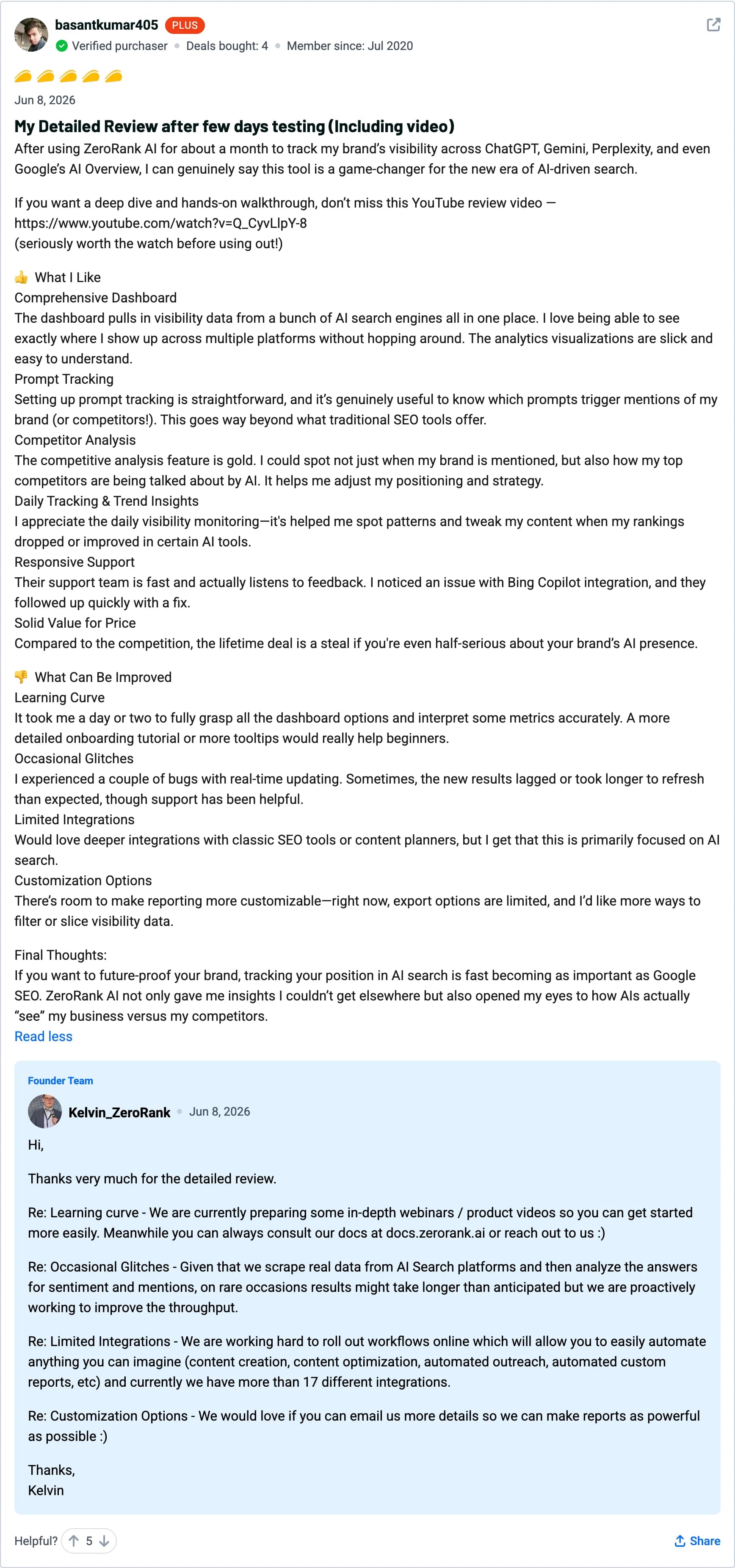 basantkumar405 — 5-star ZeroRank AI review on AppSumo: My detailed review after a few days of testing