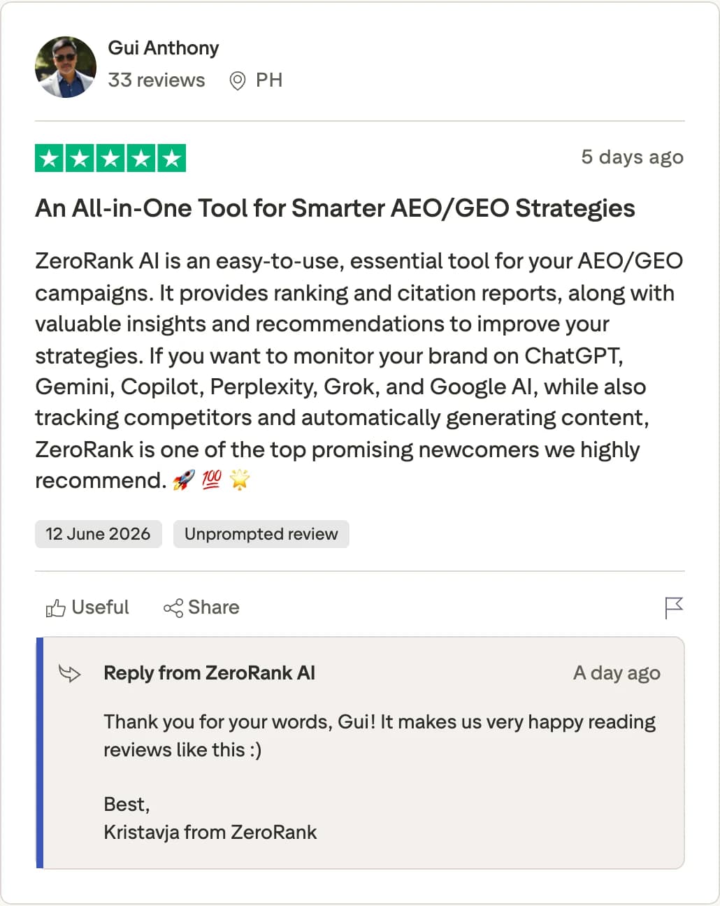 Gui Anthony — 5-star ZeroRank AI review on Trustpilot: An All-in-One Tool for Smarter AEO/GEO Strategies