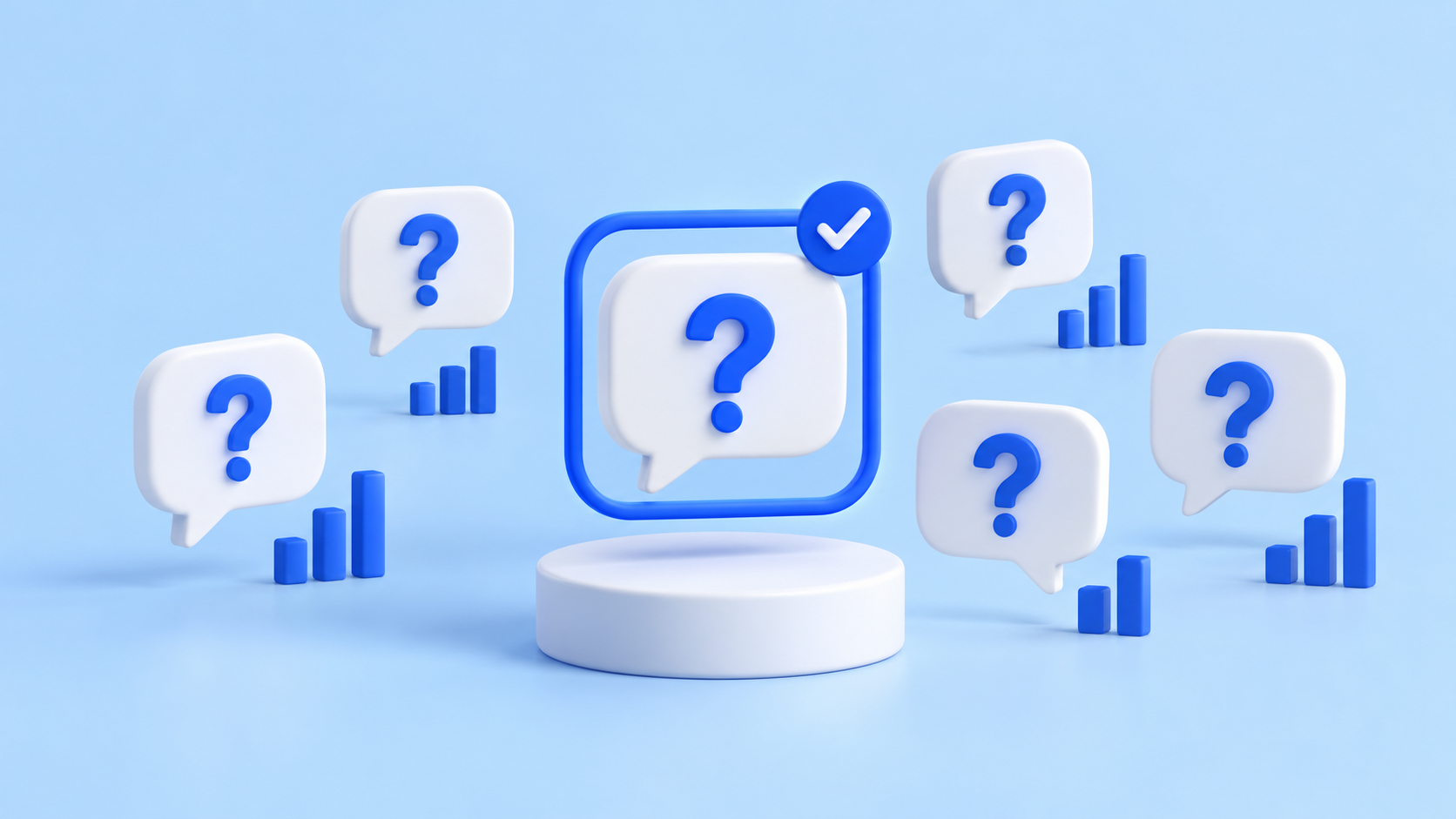 Selecting buyer-relevant AI prompts, illustrated by blue question bubbles and a highlighted choice.