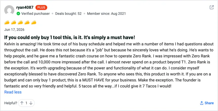 ryan4087 — 5-star ZeroRank AI review on AppSumo: If you could only buy 1 tool this is it