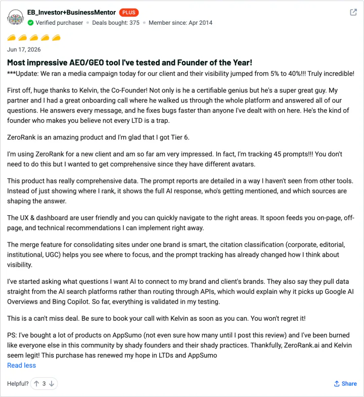EB_Investor+BusinessMentor — 5-star ZeroRank AI review on AppSumo: Most impressive AEO/GEO tool I've tested