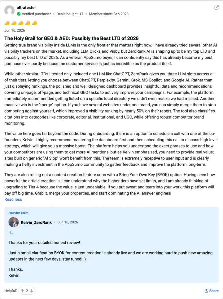 ultratester — 5-star ZeroRank AI review on AppSumo: The Holy Grail for GEO & AEO