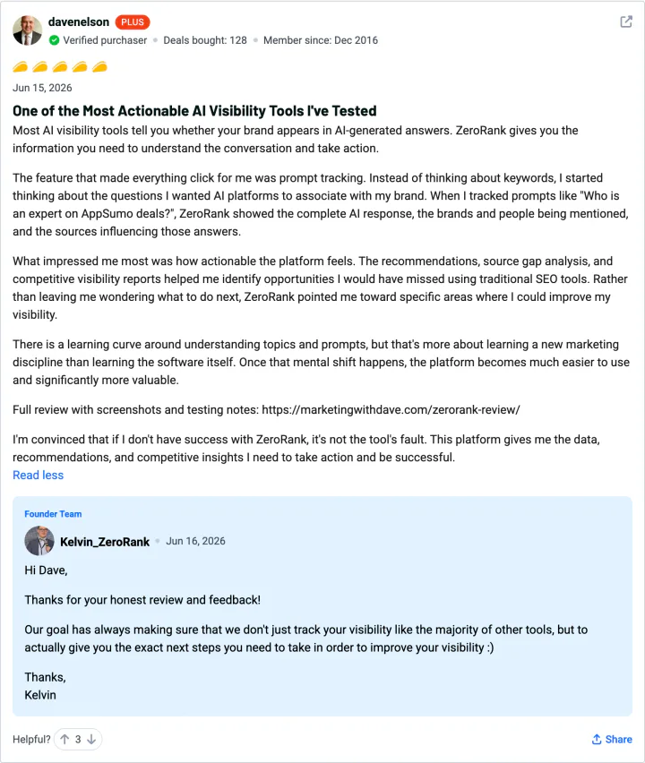 davenelson — 5-star ZeroRank AI review on AppSumo: One of the most actionable AI visibility tools