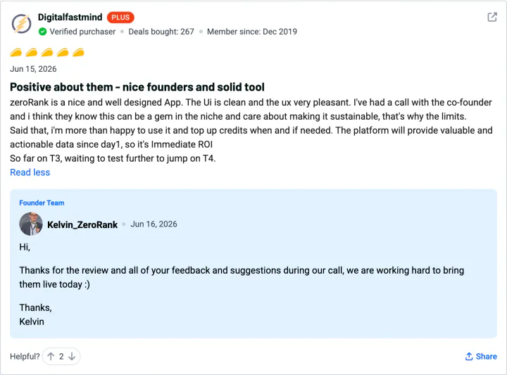 Digitalfastmind — 5-star ZeroRank AI review on AppSumo: Positive about them — nice founders and solid tool