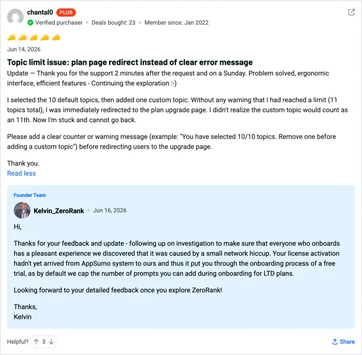 chantal0 — 5-star ZeroRank AI review on AppSumo, with a founder reply