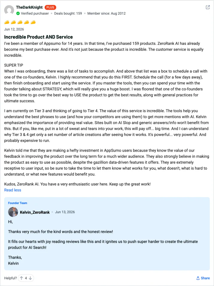 TheDarkKnight — 5-star ZeroRank AI review on AppSumo: Incredible product and service