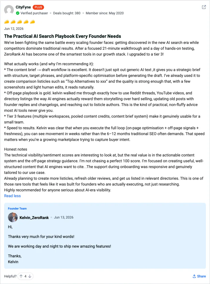 CityFyne — 5-star ZeroRank AI review on AppSumo: The practical AI search playbook every founder needs