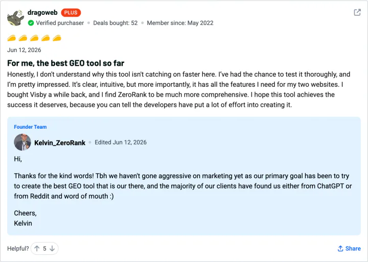 dragoweb — 5-star ZeroRank AI review on AppSumo: For me, the best GEO tool so far