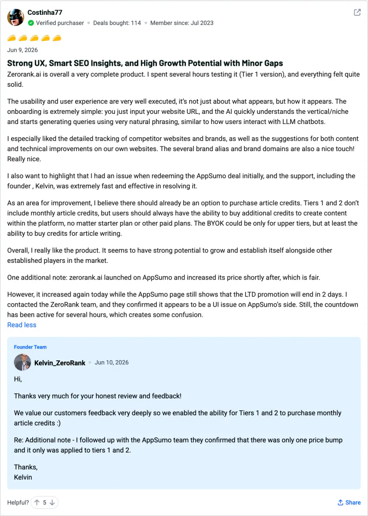 Costinha77 — 5-star ZeroRank AI review on AppSumo: Strong UX, smart SEO insights