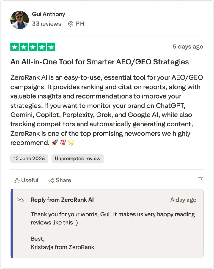 Gui Anthony — 5-star ZeroRank AI review on Trustpilot: An All-in-One Tool for Smarter AEO/GEO Strategies